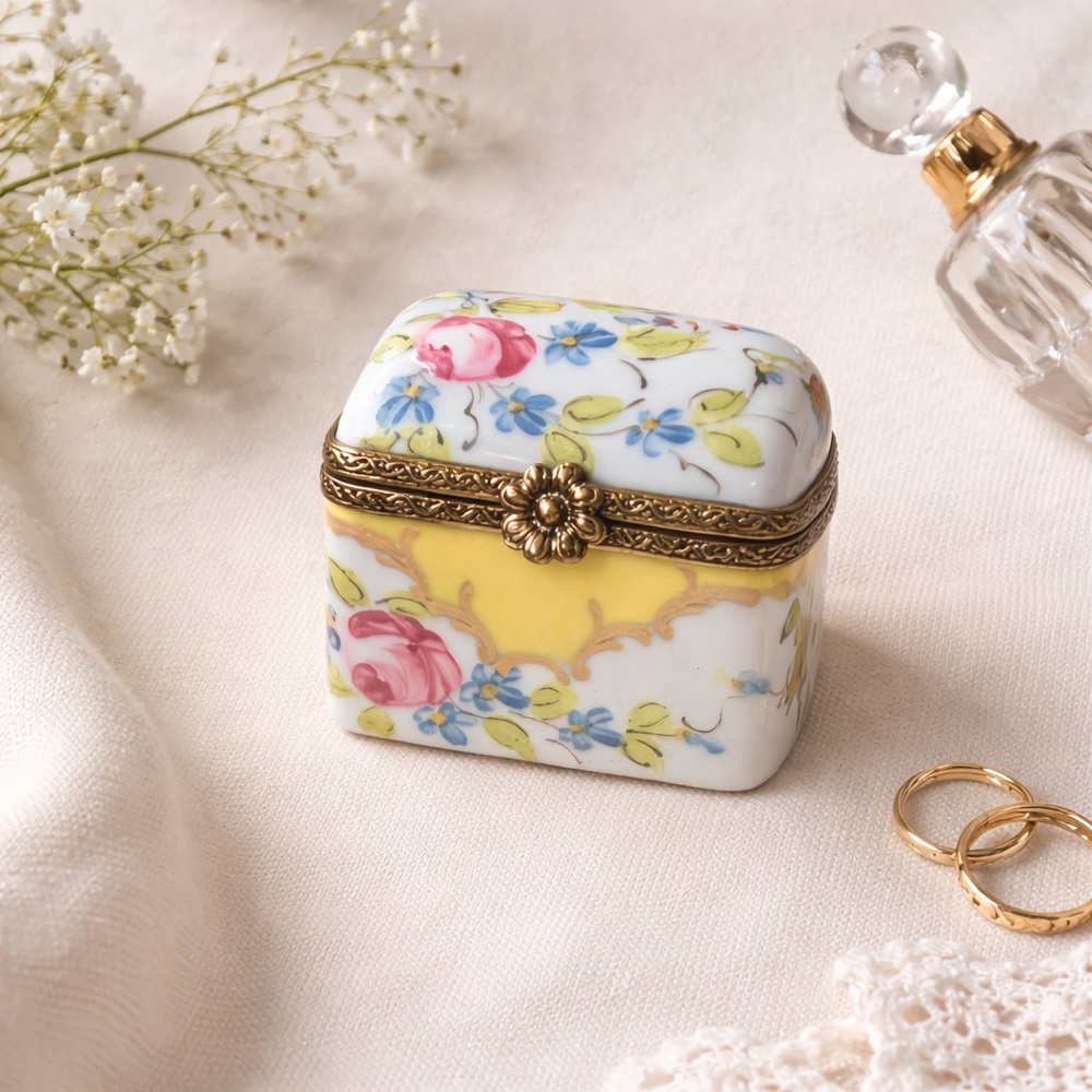 Limoges France Hand Painted Porcelain Trinket Box Floral Yellow Rose Pill Box - Picture 1 of 9